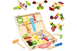 Forroby Caisse a Outil Enfant, 48 Pièces Jouets en Bois Boite a Outil Enfant, DIY Jeux de Construction Enfant Outils et établis, Jeux Montessori pour 2 3 4 5 Ans