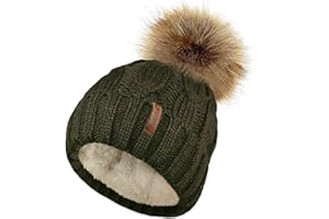 TOSKATOK Ladies Chunky Soft Cable Knit Hat with Cosy Fleece Liner and Detachable Faux Fur Pompom…