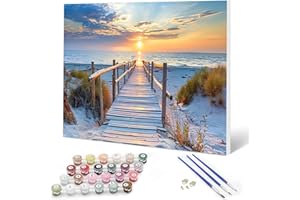 Auremi Kit Plage peinture par numéros avec cadre bois–Paysage Peinture par numéros 20x30 cm pour adulte débutant–Idée cadeau originale relaxante–Activité manuelle créative et décorative