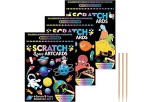 Rayong Lot de 3 images à gratter pour enfants - 18,5 x 13,5 cm - Papier à gratter magique arc-en-ciel - Avec dégradé de couleurs et stylo à gratter - Dinosaure, espace, océans (A)