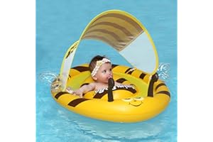 ‎SWIWBOBO Swiwbobo Baby-Schwimmring mit verstellbarem Sonnendach und Sicherheitssitz für Pool, Blauer Bär Poolspielzeug für das Alter von 3–36 Monaten