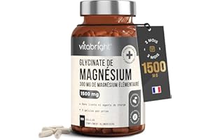 VitaBright Magnésium Bisglycinate Bio 1500 mg – 300 mg de magnésium élémentaire par portion – 180 gélules végétales pour 3 mois – Sans additifs.