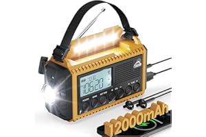 Roxicosly 12000mAh Wind Up Emergency Radio with USB Phone Charger, Portable AM/FM/SW Solar Radio with 2-Level Flashlight, SOS Alarm, IPX6 for Camping Hiking Survival (Yellow)