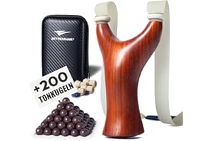 ‎ZETTERRANK Zwille Steinschleuder Bundle Set,Rotes Rosenholz Slingshot Schleuder mit Gummiband,Einfache Gummiband-Anbindung,Zwille für Erwachsene mit Ersatzgummi und Tonkugeln. (Glatt, Rotes Rosenholz)