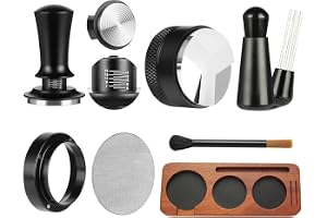 Bukela 7 PCS Espresso Accessories, 58mm Coffee Presser Tool WDT Tool Coffee Machine Accessories Espresso Tamper with Wood Espresso Tamping Station,Distributor,Stirrer,Dosing Funnel,Brush,Puck Screen