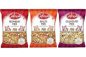 Cofresh Indian Snacks Selection Gujarati Mix, Bombay Mix and Balti Mix 3 x 325g Large Bags Party Set from Kingdom Supplies