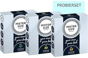 MISTER SIZE Condones muy delicados al tacto (47-49-53 mm) 3x3 Juego de prueba/extra fino, extra húmedo/hecho de látex de caucho 100% natural de su talla XS - M