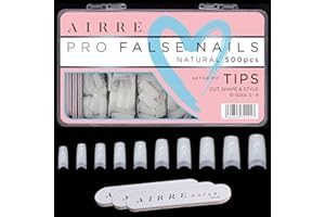 AIRRE NAILS AIRRE 500 Uñas Acrílicas Puntas Pro y 3 Limas en Caja - (10 Tallas) Uñas Postizas con Francés y Cobertura Media, Salón y Bricolaje, Corta, Lima y Forma, Gel UV/LED, Esmalte y Nail Art (Natural)