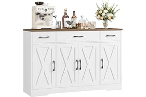 HOCSOK Kredens, 140 cm szerokości, szafka kuchenna z 2 regulowanymi półkami, szafka bufetowa z 3 szufladami, 4 drzwi, bufet kuchenny do salonu, kuchni, korytarza, biały