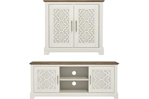 Galano Enfield 2 Piece Living Room Storage Set – TV Stand & 2 Door Sideboard – Engineered Wooden Cabinets for Lounge & Media Storage Unit - Cream Oak