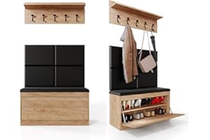 ‎PLATAN ROOM PLATAN ROOM Wand-Garderobe Set mit Garderobenpaneel & Schuhschrank & Hängeschrank 100 cm Flurgarderobe Garderobenset Flur Eiche Holz Weiß (Eiche Gold, 3-TLG. Mir 4 paneel)