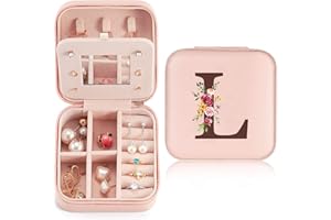 SINEKONG Jewellery Box Small Travel for Women Girls Jewellery Box with Initial L, Mini Jewellery Box with Mirror for Rings, Earrings, Necklace for Women Gift for Birthday, Christmas, Mother's Day