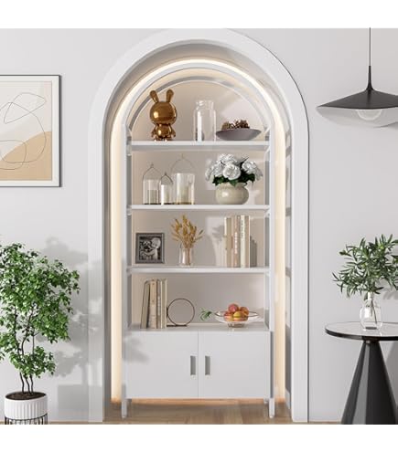 Arched Storage Cabinet With Rattan Door - 160.5cm Tall, 5-Tier Bookshelf, Open & Closed Storage, For Living Room, Kitchen, Office