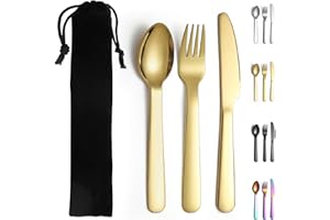 Evanda złote sztućce kempingowe, w zestawie nóż, widelec, łyżka, tytanowe złoto, sztućce podróżne ze stali nierdzewnej z czarną kieszenią, na zewnątrz, kemping, piknik, podróże, można myć w zmywarce