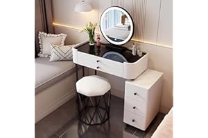 AMZSEW Dressing Table with LED Lights 5 Drawers White Vanity Table with Storage Cabinet Girls Makeup Table with Mirror and Stool for Bedroom (White, 27.6”)