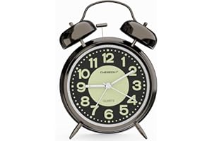 CHEREEKI Alarm Clock for Heavy Sleepers With Twin Bell, Large Digits and Night Light - Battery Operated Retro Design for Bedside, Bedroom (Battery Included), Black (06-5072)