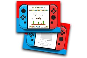 RXLITE Kit créatif de 10 Cartes d'invitation anniversaire à gratter thème Nintendo en français: 10 cartons, 10 enveloppes blanches, 10 stickers et 10 autocollants dorés