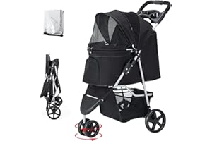 LPOTIUS Hundewagen 15 Kg Haustier Buggy Hund Katze Klappbar Hundebuggy 3 Räder Haustiere Buggy mit Netzfenstern & Regenschutzabdeckung Haustier Kinderwagen Hundebox für kleine Hunde Katzen (Schwarz)