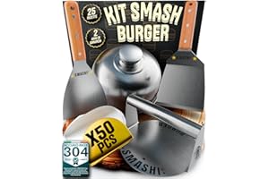 SMASHI BURGER SMASHI® Kit Smash Burger Professionale in Acciaio Inox 304 Certificato Contatto Alimenti UE | Pressa Hamburger + Spatole con Manico in Legno + Accessori | Include 25 Ricette (Classico)