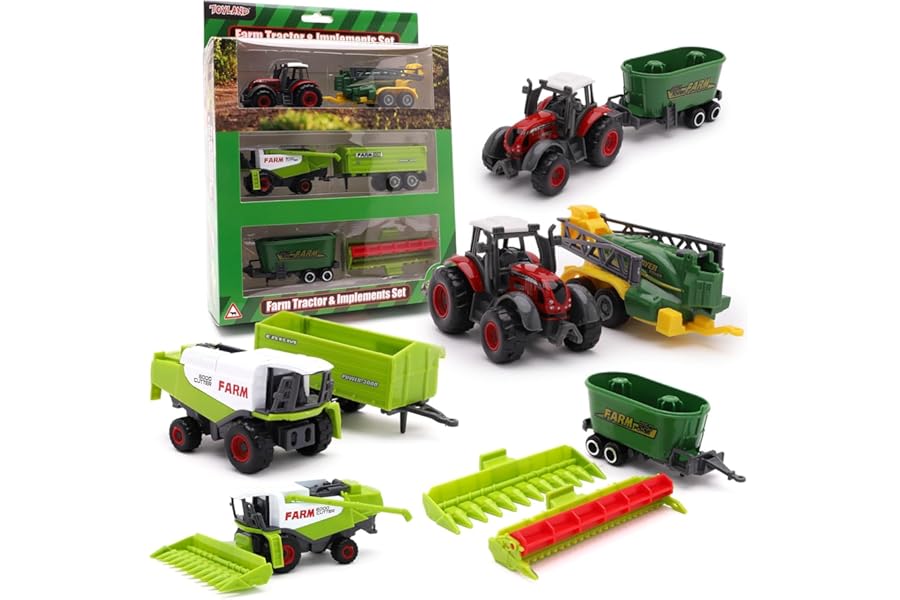 Toyland® Pack of 6 Die Cast Metal Farm Tractor & Implements Set - Approx. 5cm - 4 Assorted Designs - 1 Chosen at Random