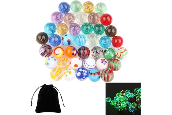 LongZYU 40 Pièces Billes en Verre Multicolore Bille Calot Rare 16 mm inclure 20 Billes Phosphorescentes Enfant et 20 Galots Billes Colorées pour Projets de Bricolage Enfants Jeu Décoration Maison