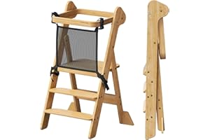 COSYLAND Foldable Toddler Standing Tower With Safety Net, IF Design Awarded – Height Adjustable Kitchen Step Stool for Kids - Space Saving Learning Helper Stool With Support Blocks (Natural)