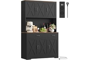 HOCSOK Alacena de Cocina 105x180 cm (BxH)，Armario Negro con Enchufes, Estantes Ajustables, Mueble de Cocina con Soporte para Microondas, para Comedor Y Sala de Estar