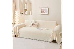 LHGOGO Narzuty na sofy, duża, 3-osobowa, z dekoracyjnymi frędzlami, uniwersalne, tkane, wzorzyste narzuty na kanapy i fotele, 180 x 340 cm, kremowe