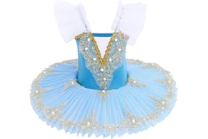 IBAKOM Enfant Filles Robe Ballet Justaucorps lac des cygnes Broderie Dorée Perles Gymnastique Robe Body Vêtements Danse avec Jupe Tutu