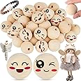 Yueser Wooden Beads - 30 Pcs, 30mm Smiley Face, Large, Natural, with Hole for DIY Crafts