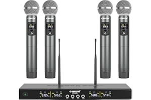 Phenyx Pro Système de Microphones sans Fil avec 4 micros sans Fil, 4x25 UHF fréquences réglables, portée de 200 Pieds, Microphones dynamiques pour Le Chant, Le karaoké, Le DJ (PTU-5200)