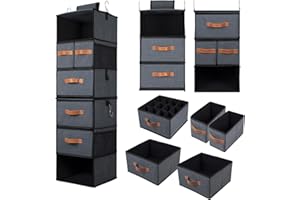 BinWhiz 112 x 32 x32 cm Hanging Shelf Organizer, 6-Tier Fabric Shelves Clothes Bins with Drawers and Hooks for Closet Wardrobe Organization and Storage, Grey