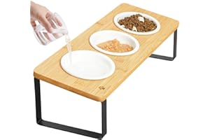 GUUSII HOME Miska dla kota Podniesiona miska na karmę Stacja karmienia dla kotów Miska ceramiczna Miska na karmę Zestaw 3 drewnianych misek Średnica 12 cm Ergonomiczna