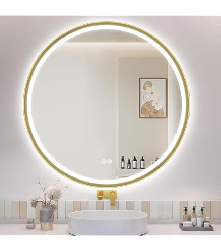 HOKO Badkamerspiegel met anti-condens, ovaal 60 x 100 cm / 100 x 60 cm Arona metalen frame goud. Hoog dwars montage. Grote badkamerspiegel energiebesparende LED touch-schakelaar