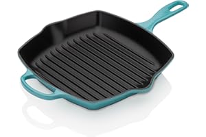 LE CREUSET Skillet Gril en Fonte Émaillée, Carré, 26 cm, 2,86 kg, Bleu Caraïbes, 20183261700422