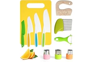 Koonie - 11 teiliges Kinder Sicherheit Küchenmesser für echtes Kochen mit Gemüse Ausstechformen, Holzmesser, Schneidebrett etc. Messer für Kinder ab 2 Jahren, Montessori Messer, kinder kochset