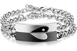 OIDEA Lot de 2 bracelets pour couple pour homme et femme – Chaîne à main avec breloque – Idéal pour les amoureux – Fabriqué en acier inoxydable – Avec pochette cadeau – Argent/noir
