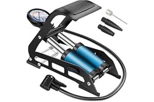 Retoo Bomba de Pie de Pedal Dual con Manómetro, Presión Máxima de 7 Bar, Adaptadores para Válvulas Presta, Schrader y Dunlop, Ideal para Bicicletas, Neumáticos y Juguetes Inflables