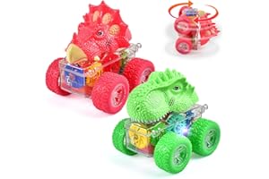 AUTOMP Dinosaur Toy Cars for Kids, 2 Pack Monster Trucks 360° Rotation Friction Powered Off-road Vehicles Inertia Toy Cars, Pull Back Cars with Light, Christmas Birthday Gifts for 3+ Years Old Boys Girls