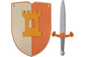 GERILEO Handmade Wooden Knight Sword and Shield - Toy for Kids, Boys and Girls - Complement for Games, Imitation Games, Costume, Medieval, Warrior, Theme Party, Middle Ages (Orange, 30 cm)