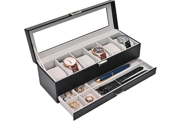 ProCase Boite a Montre à 2 Niveaux, 6 Emplacements avec Coussins pour Montres, 2ème Compartiment pour des Petits Bijoux Accessoire, avec Couvercle en Verre -Noir
