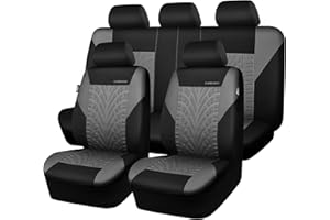 CAR PASS Front & Split Rear Bench Seat Covers - 3D Tyre Embossed Interior Set for SUV, Airbag Compatible, Quick Setup Universal Fit (Black Gray)