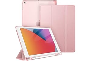 FINTIE Coque Compatible avec iPad 9e/8e/7e Génération 10.2 Pouces (2021/2020/2019) - [Rangement de Pencil] Coque Arrière Transparente Givrée Housse Etui Fin et Léger, Or Rose