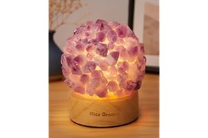 NICE DREAM Lampada di ametista naturale con base in legno, meditazione Reiki, luce di illuminazione in pietra di cristallo curativa, decorazione della stanza, regalo di compleanno ideale