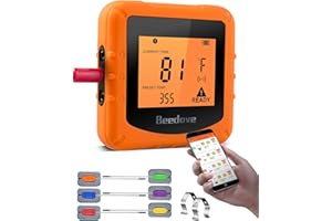 Beedove Grillthermometer Bluetooth, 6 Sonden Digital Fleischthermometer, 90m Kabellos APP Überwachung Magnetische Rückwand Bratenthermometer für BBQ, Grillofen, Steak Unterstützt IOS, Android (Orange)