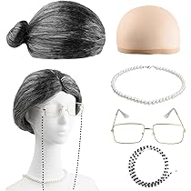 Set Travestimento Nonnina - Parrucca Argentata, Occhiali, Collana E Orecchini Di Perle - Per Feste E Cosplay - Foto 4