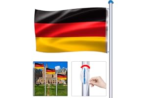 LARS360 Aluminium Fahnenmast 6,5 m Stabil mit Deutschlandfahne Bodenhülse Zugseil Verschlusshaken Endkappe und Höhenverstellbar zur Befestigung im Beton (Gesamthöhe 650cm)
