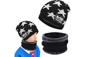 BYTLXM Kinder Wintermütze Beanie Hut mit Schal Set, mit Fleece Gefütterte, Thermisch Strickmütze Mütze, Baumwollmütze, für Jungen Mädchen Kind, Halswärmer Geschenk Weihnachten