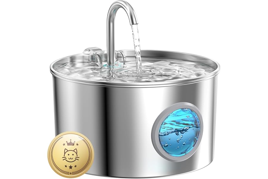 Cat Water Fountain for Drinking: Stainless Steel Cat Fountain - 2.2L Water Fountain Cat Bowl - Pet Water Fountain - Cat Drinking Fountain - Visible Water Level Cat Water Dispensers - GIOTOHUN