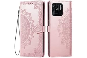 HONLEN Funda para Redmi 10C / Poco C40 Carcasa, (6.71" Inches) Premium PU Cuero Cartera Magnético Flip Case 3 Ranura Tarjeta, Soporte Case, Diseño de Mandala Oro Rosa